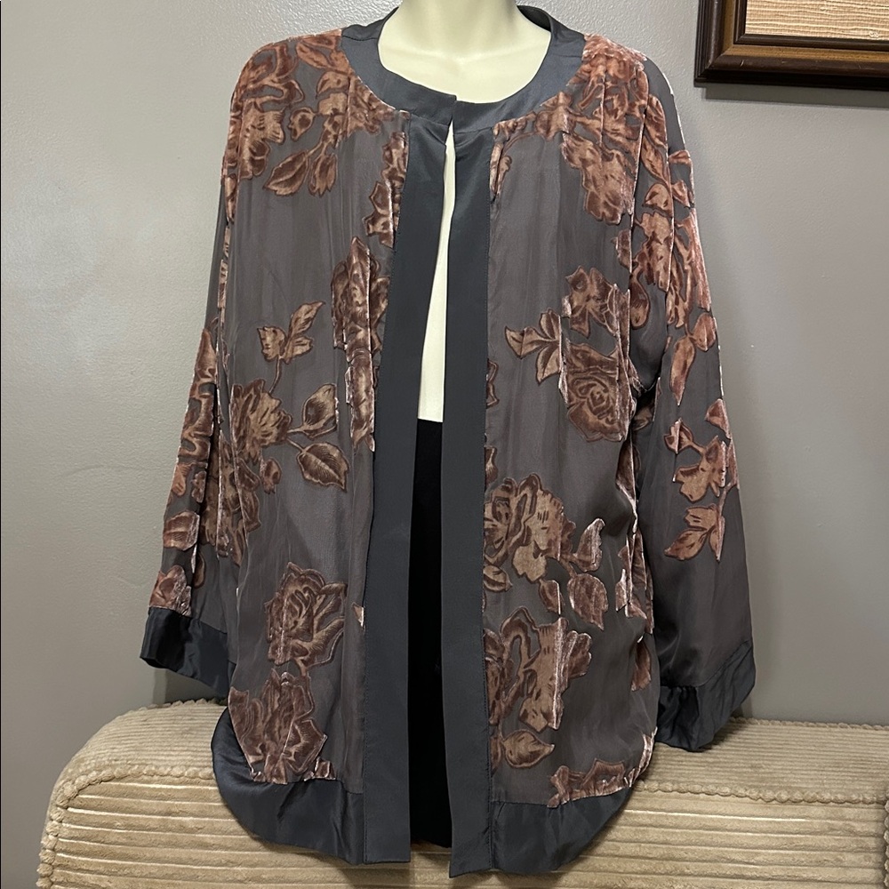 Anthropologie C C Outlaw Tan & Brown Floral Kimono Jacket Lightweight Large